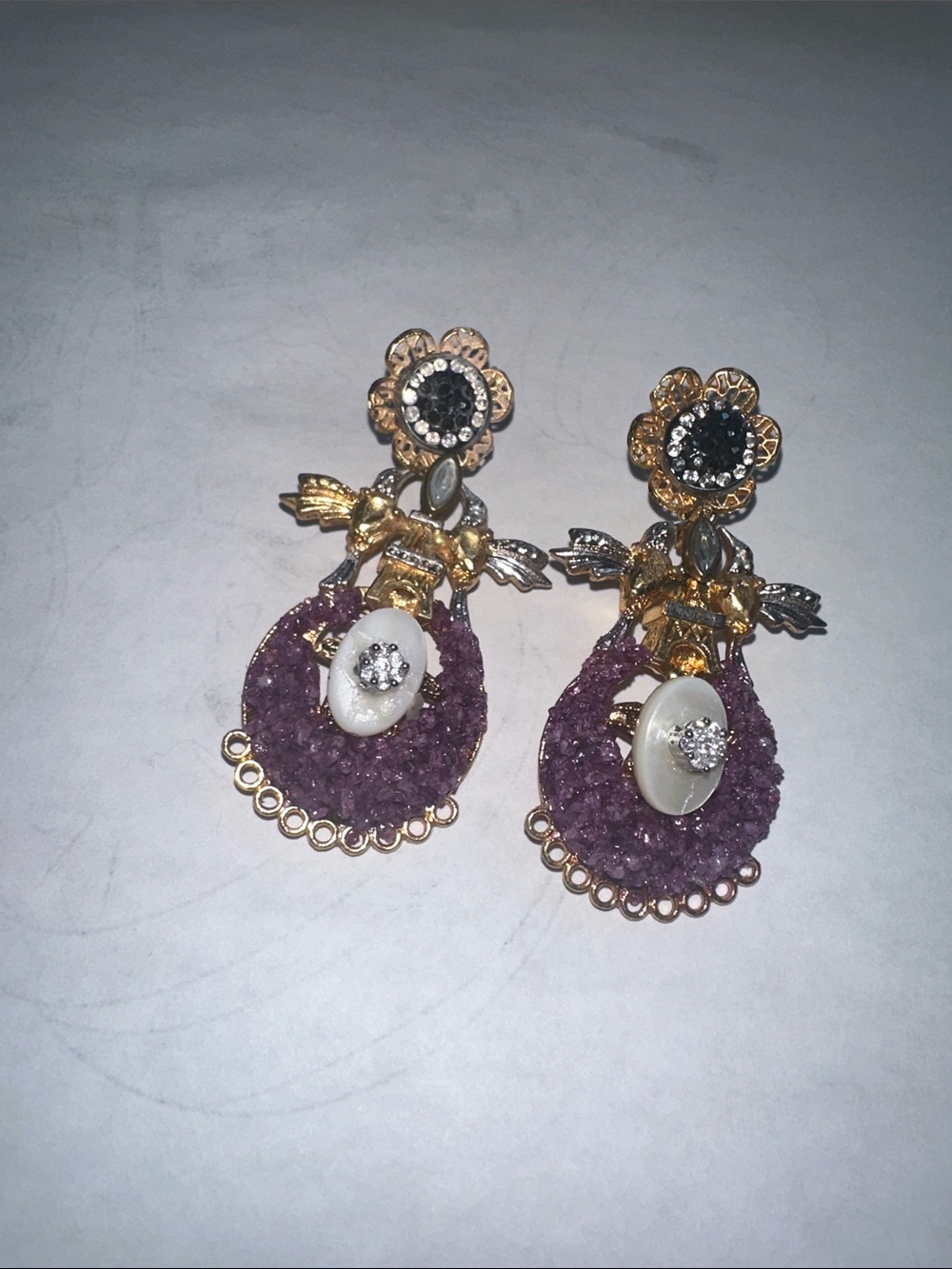 Gold-Purple Crystal Drop Earrings with Pearl Accent - Women Jewelry